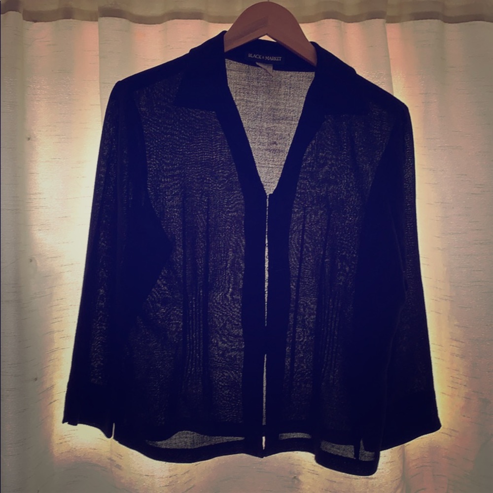 WHBM sheer black fitted blouse with front clasps